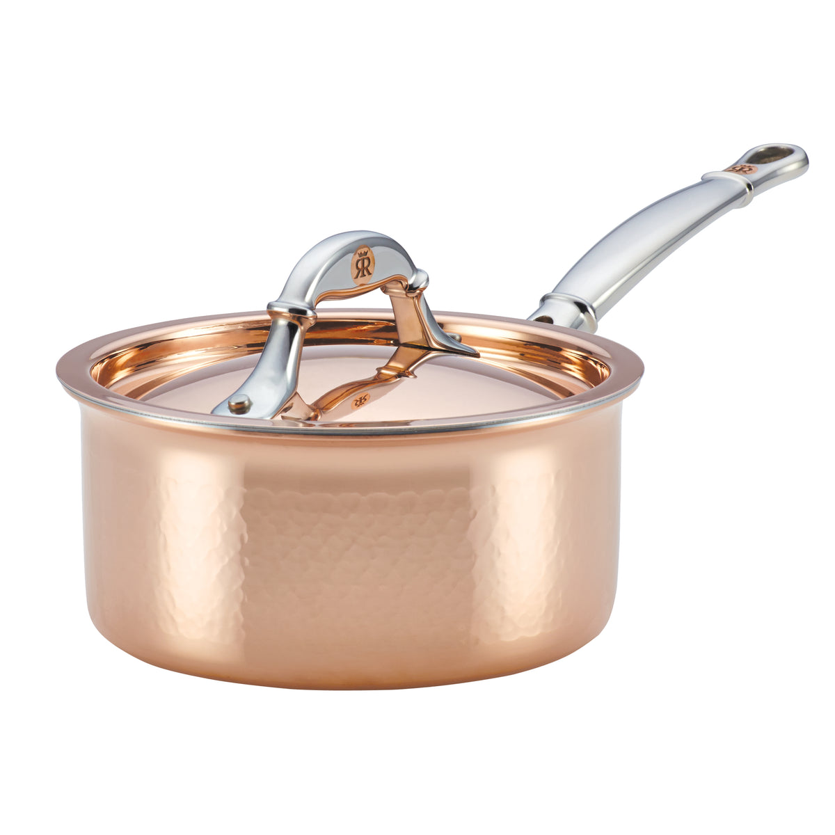 Front view of the hammered copper 1.5-quart saucepan with its lid nested in the rim