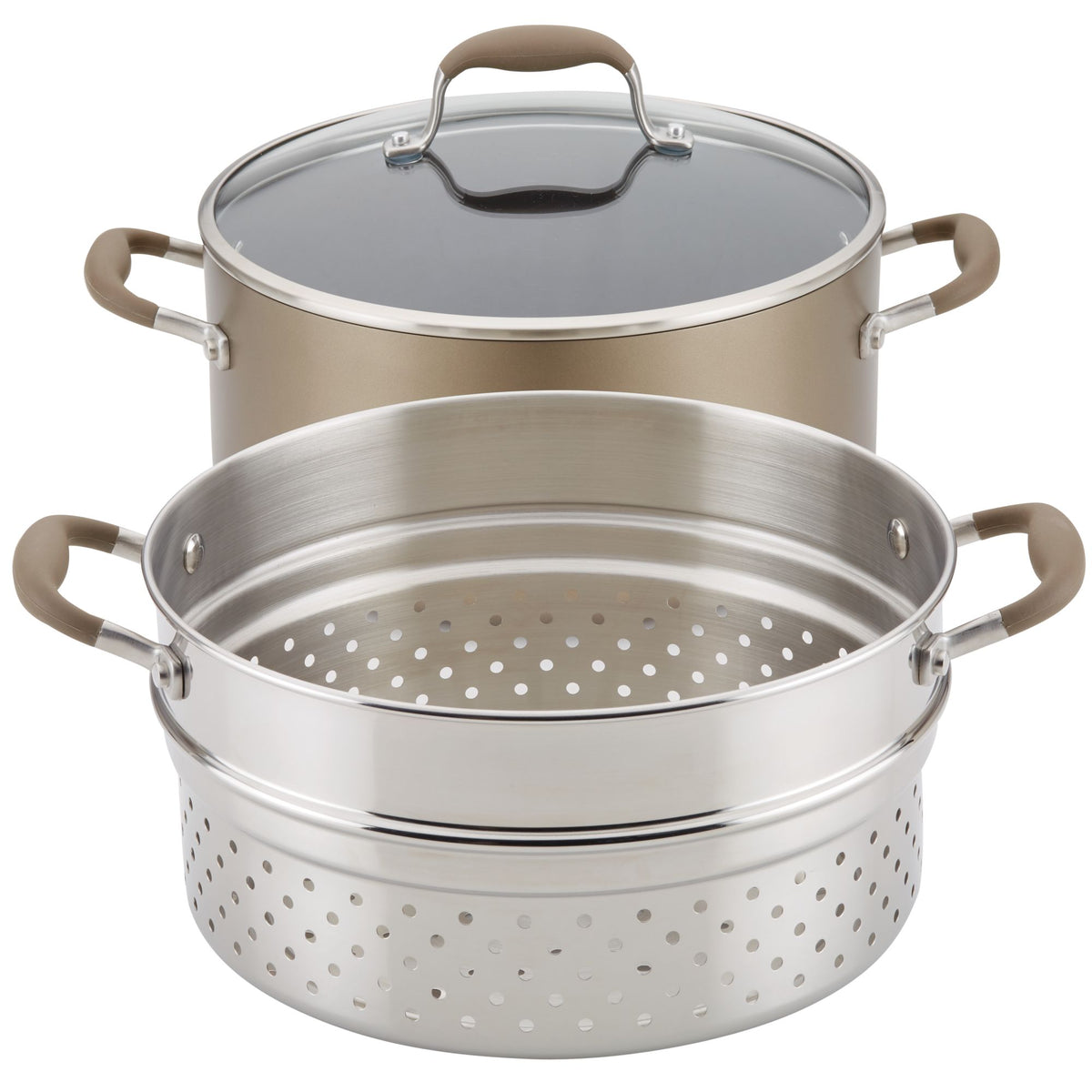 Bronze 8.5-quart stockpot with glass lid beside its perforated stainless steel multi-function insert