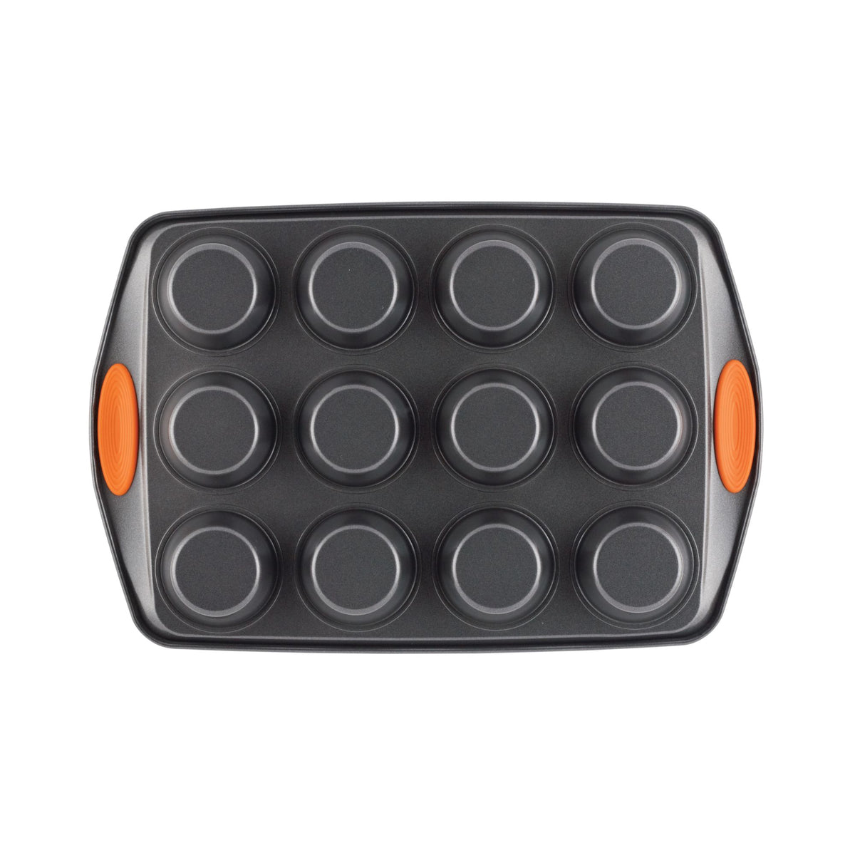 Bottom view of the gray 12-cup muffin pan with orange handles