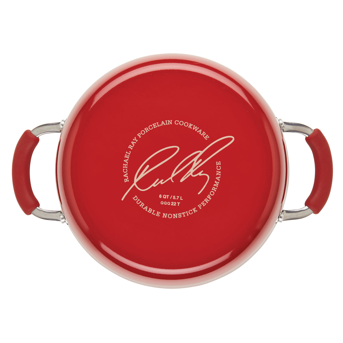 Bottom view of the red 6-quart stockpot with the Rachael Ray porcelain cookware signature stamp