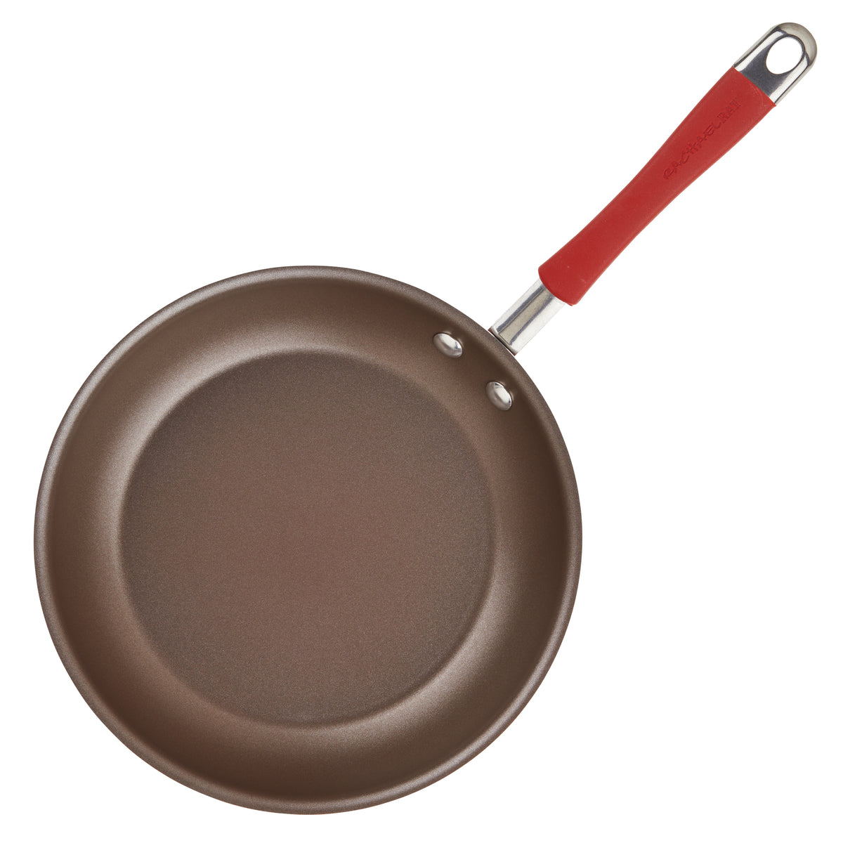 Top view of the red-handled frying pan showing its brown nonstick interior