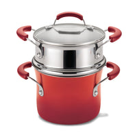 Red 3-quart saucepot with stainless steel steamer insert and glass lid