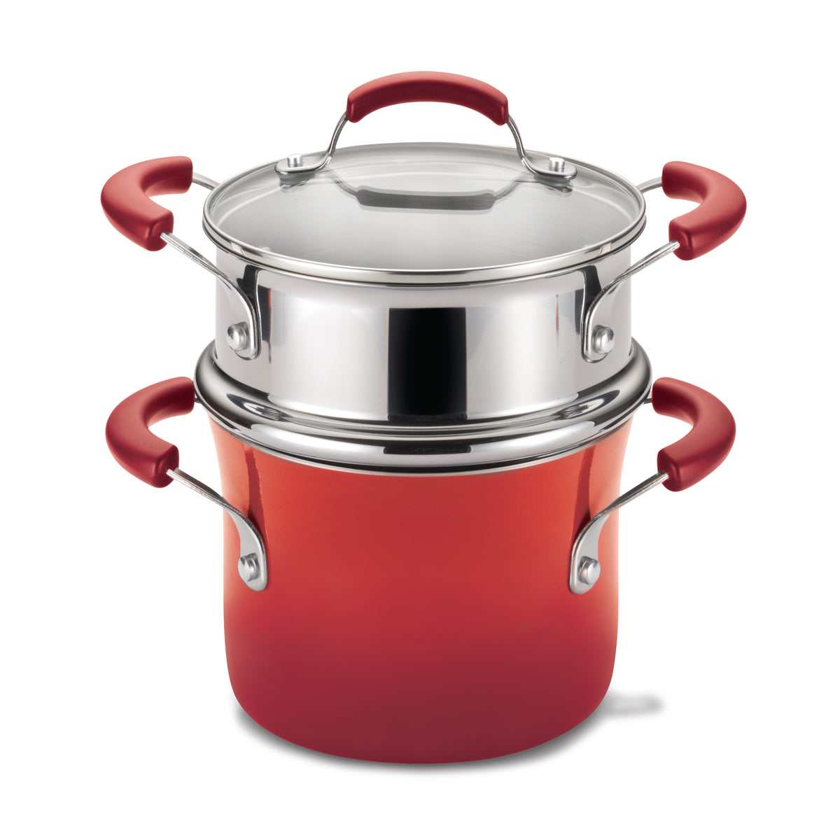Red 3-quart saucepot with stainless steel steamer insert and glass lid