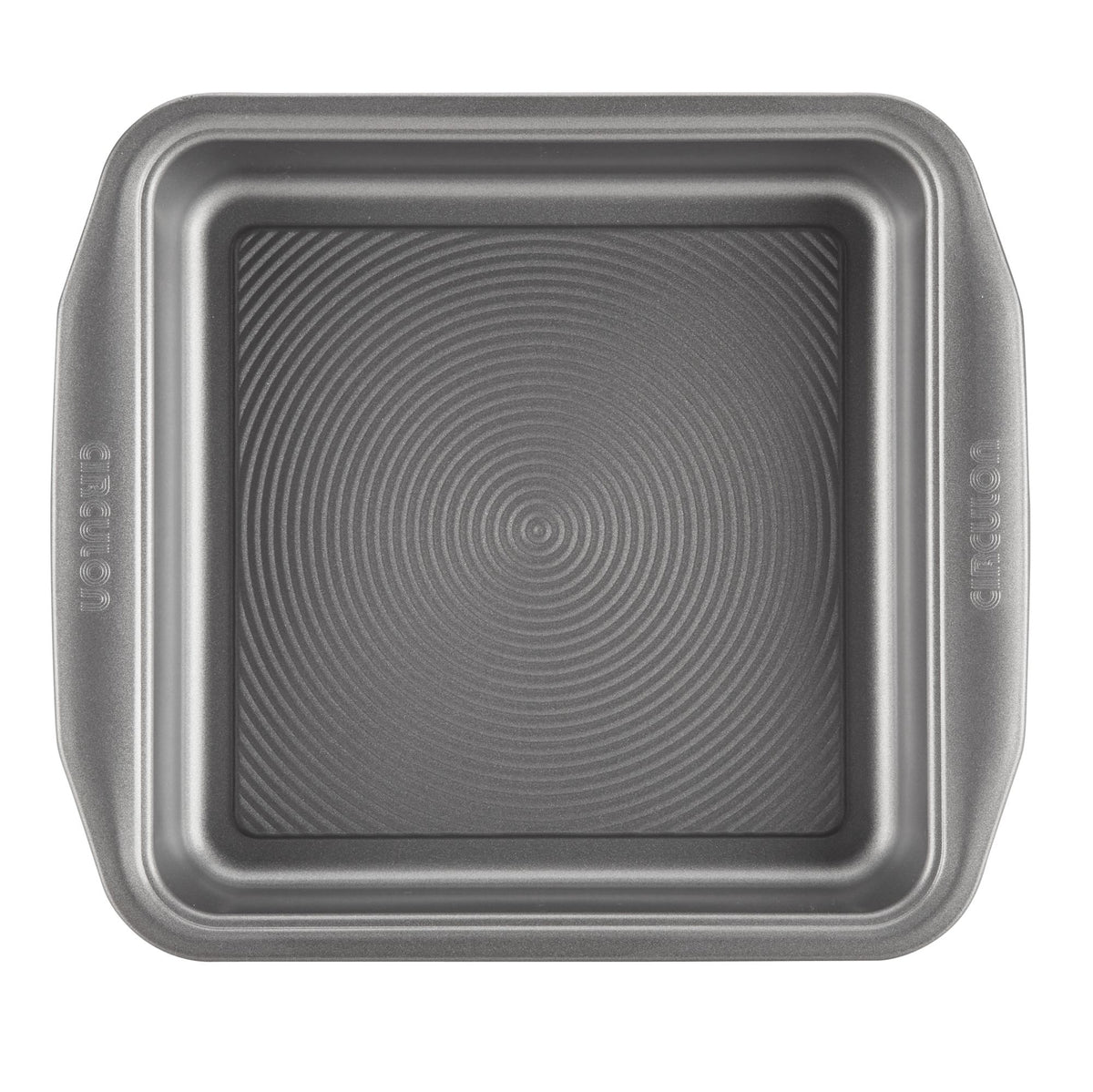 Top view of the gray 9-inch nonstick square cake pan with concentric circle texture
