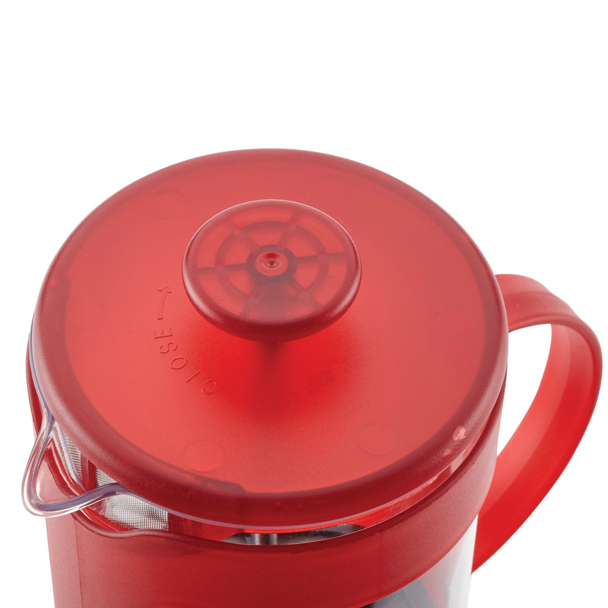 Top close-up of the red French press lid, knob and handle