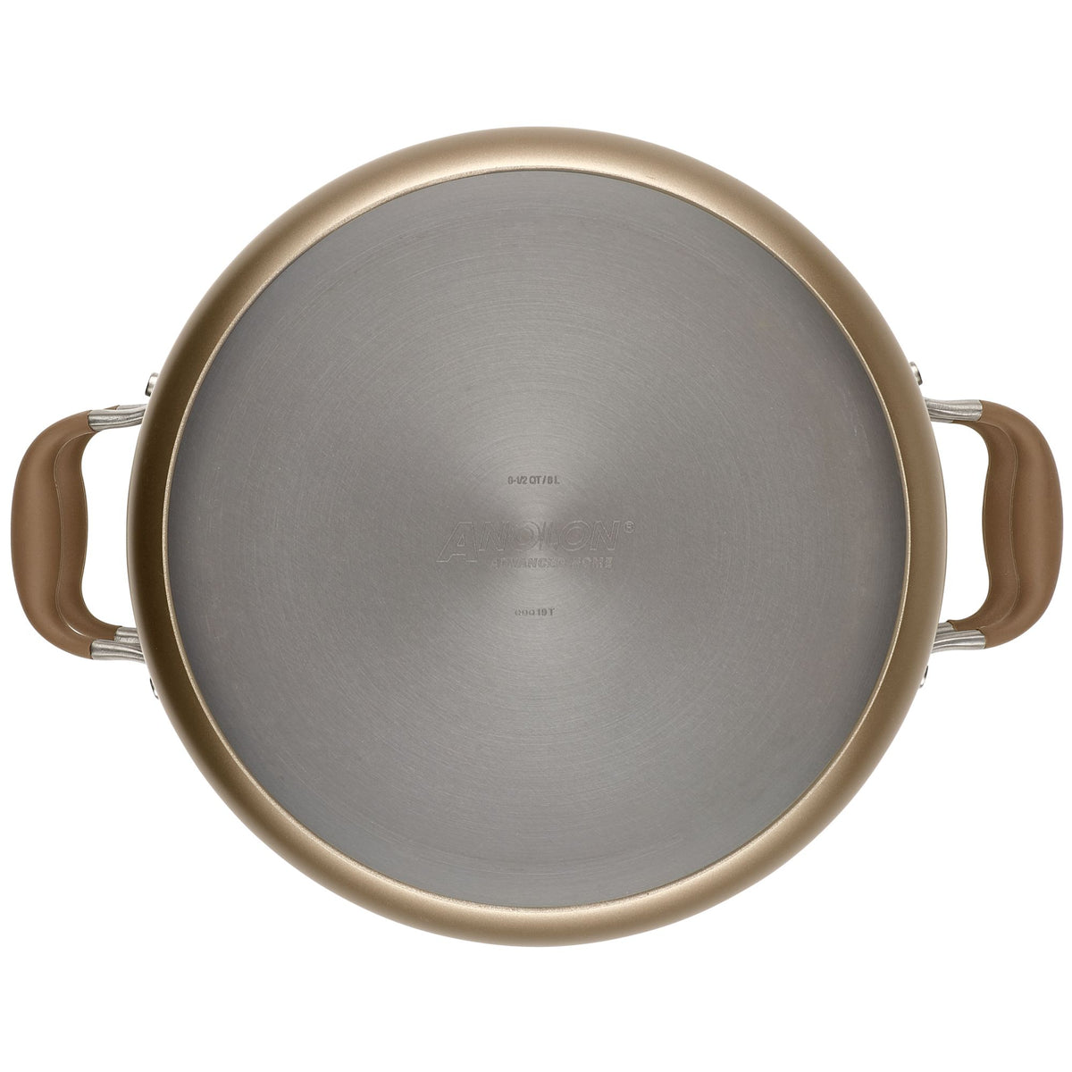 Bottom view of the bronze 8.5-quart stockpot showing the Anolon-stamped base