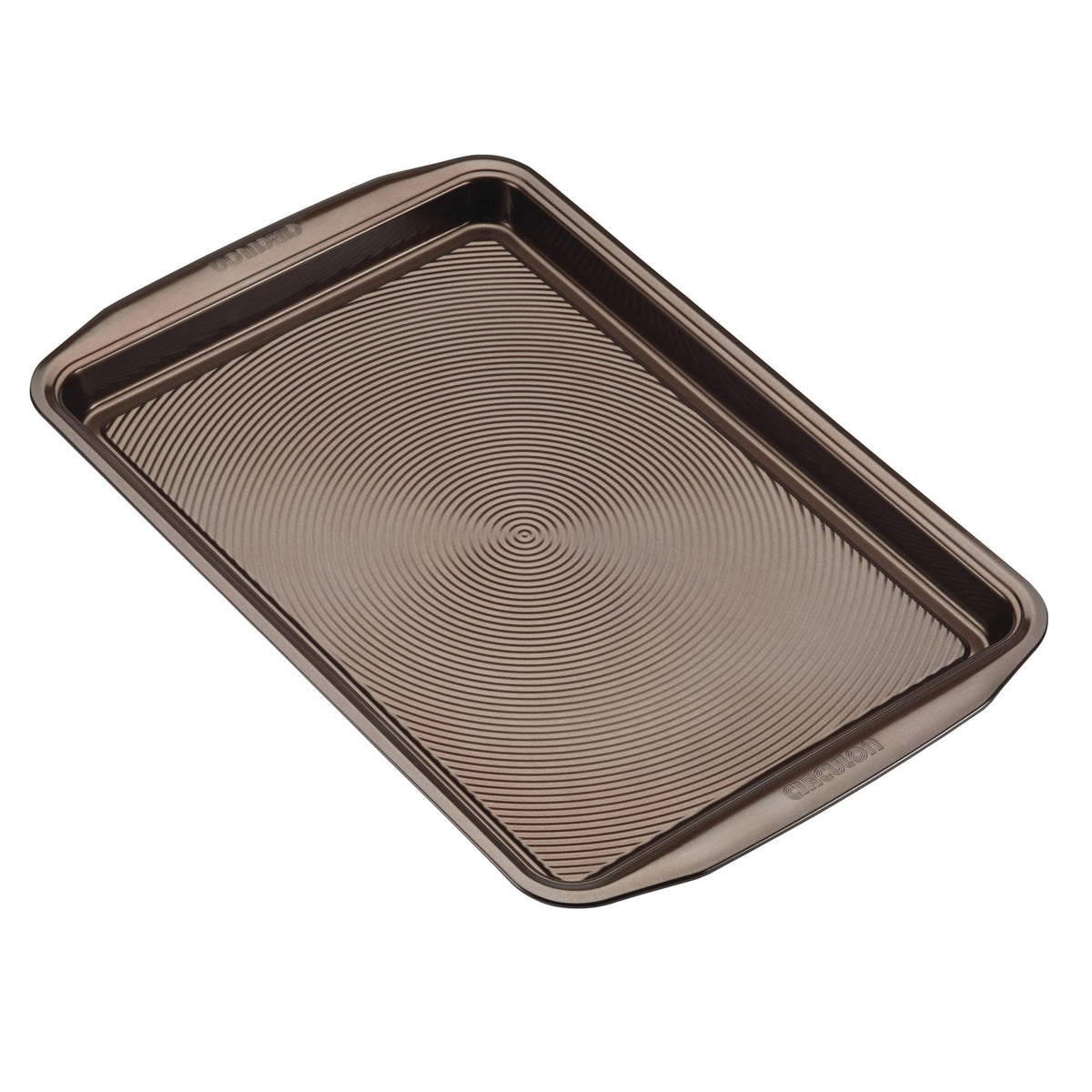 Chocolate rectangular baking sheet with concentric circles across the surface