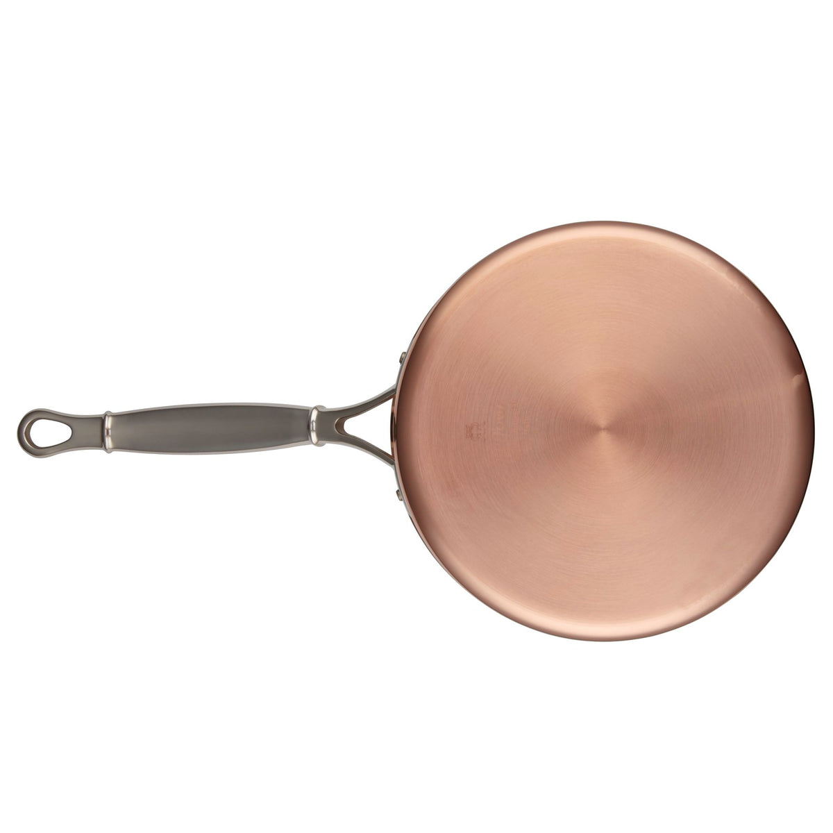 Bottom view of the copper saucepan with a smooth copper base and stainless steel handle