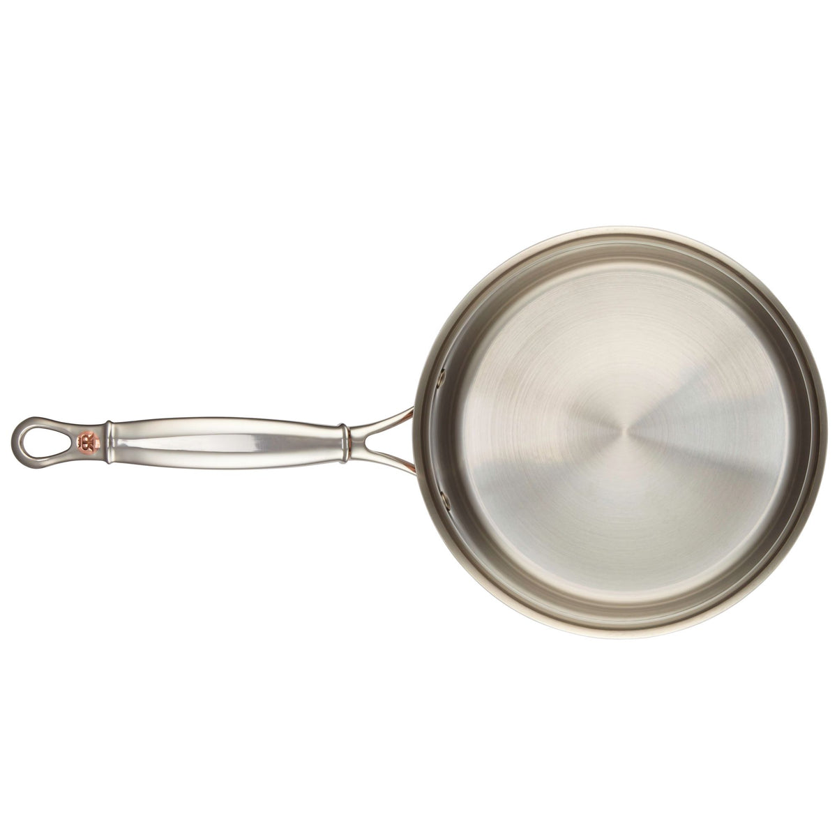 Top view of the copper saucepan's stainless steel interior and long stainless steel handle