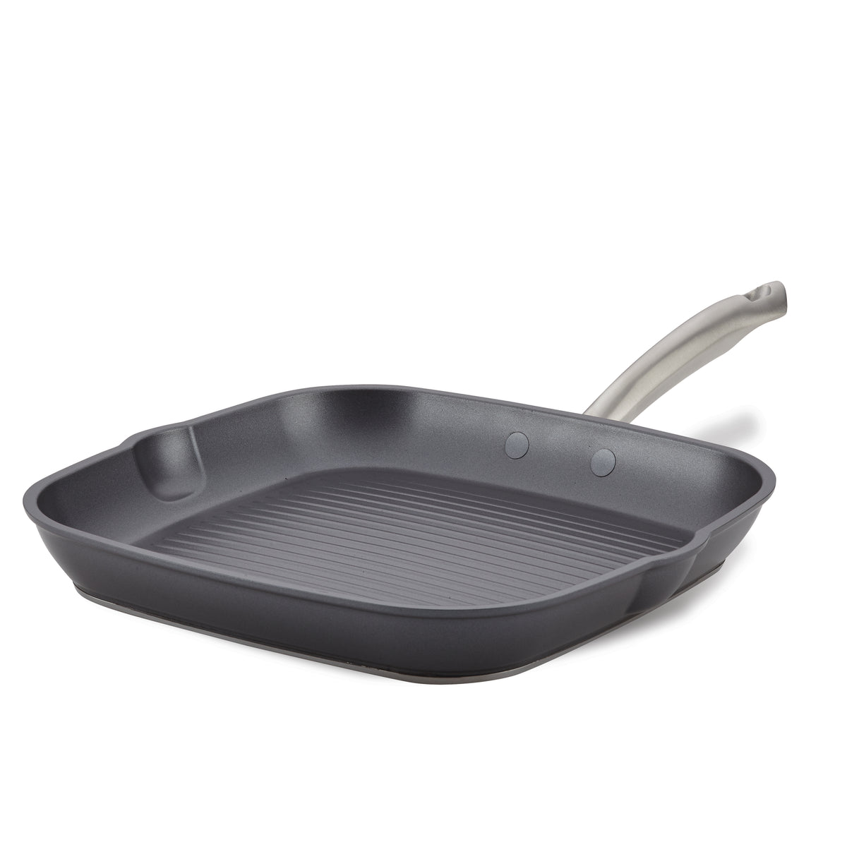 Angled view of the dark gray 11-inch square nonstick grill pan with raised ridges, pour spouts and a stainless steel handle