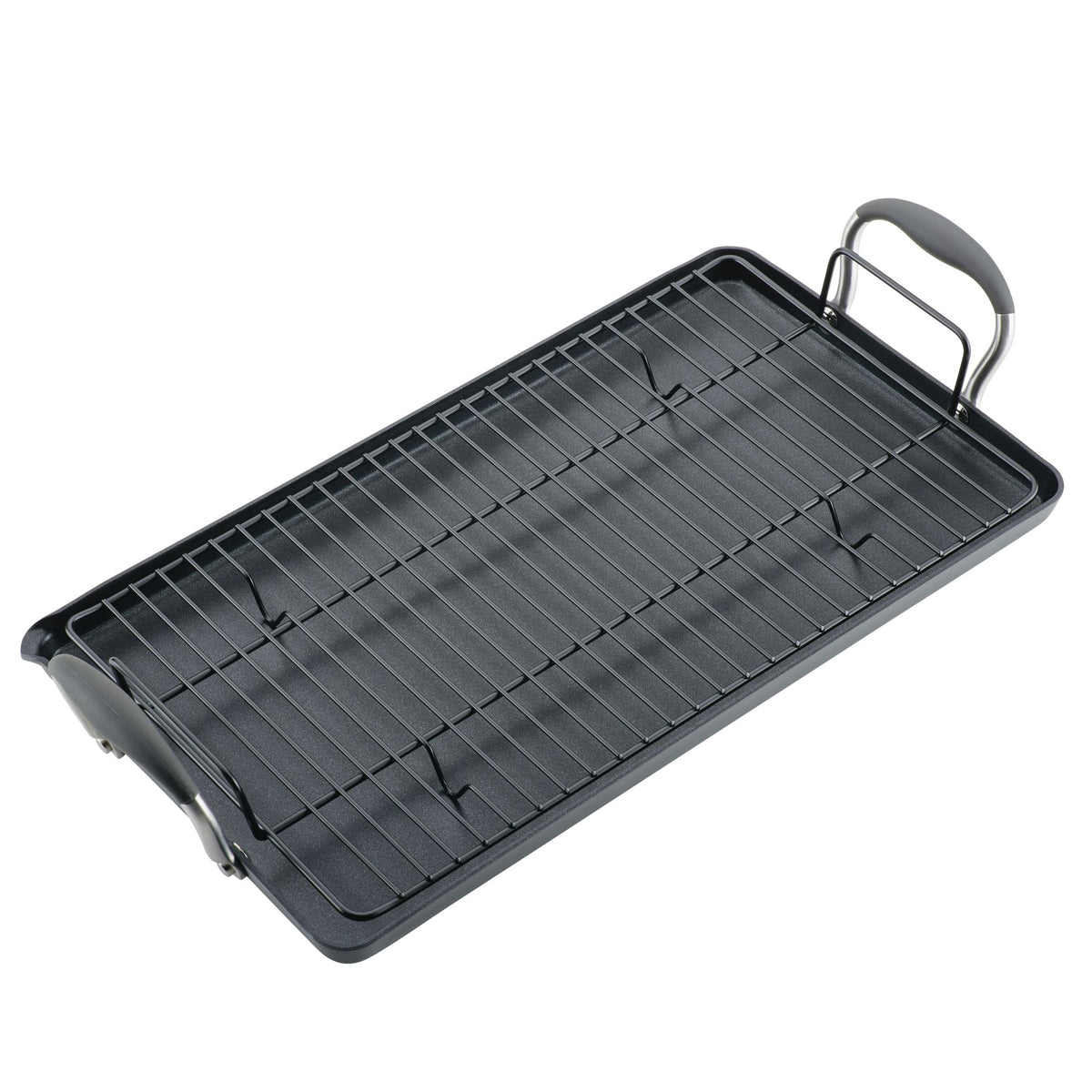 Overhead angled view of the moonstone double burner griddle with a wire rack set inside