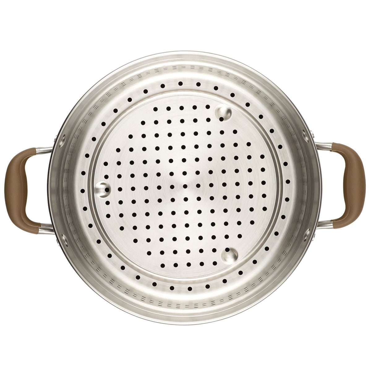 Top view of the perforated stainless steel insert inside the bronze stockpot