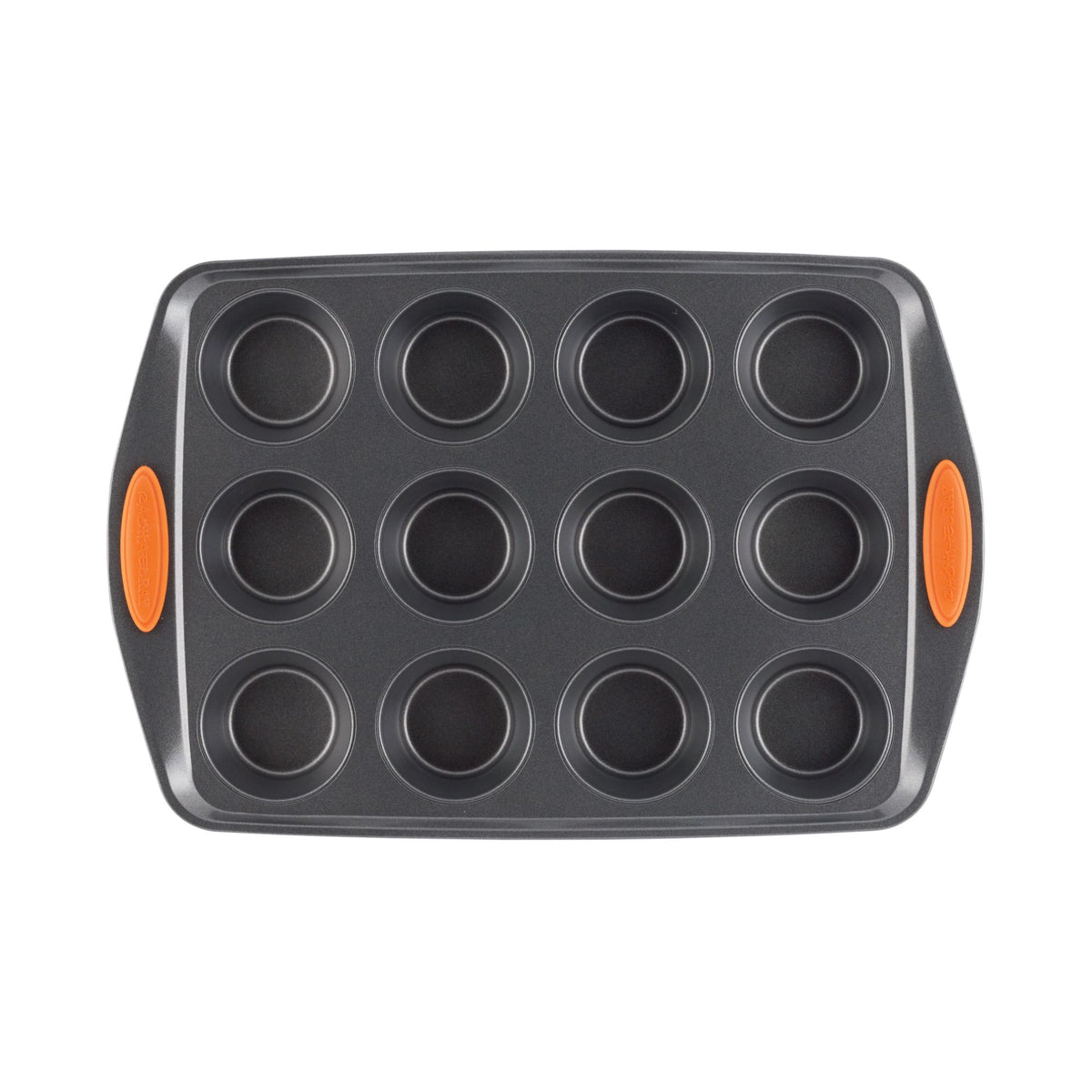 Top view of the gray 12-cup muffin pan with orange handles