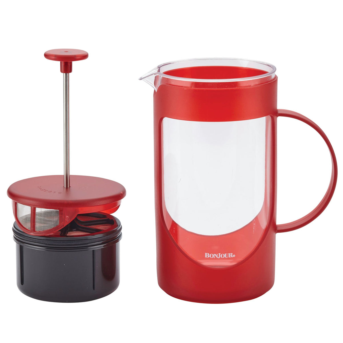 Red French press plunger and mesh filter resting on the black filter cup beside the carafe