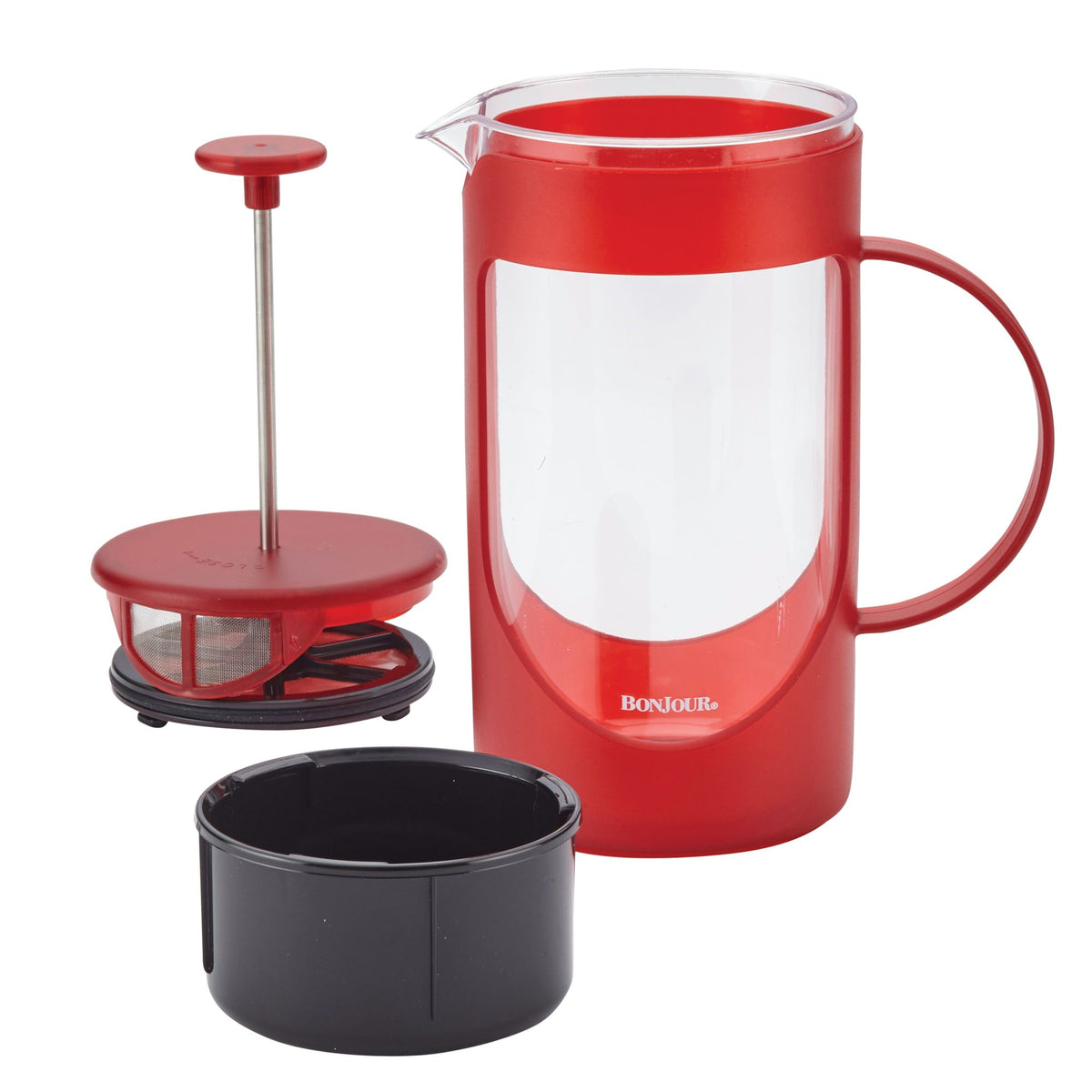 Red French press taken apart: plunger with mesh filter, black filter cup and carafe with a clear window