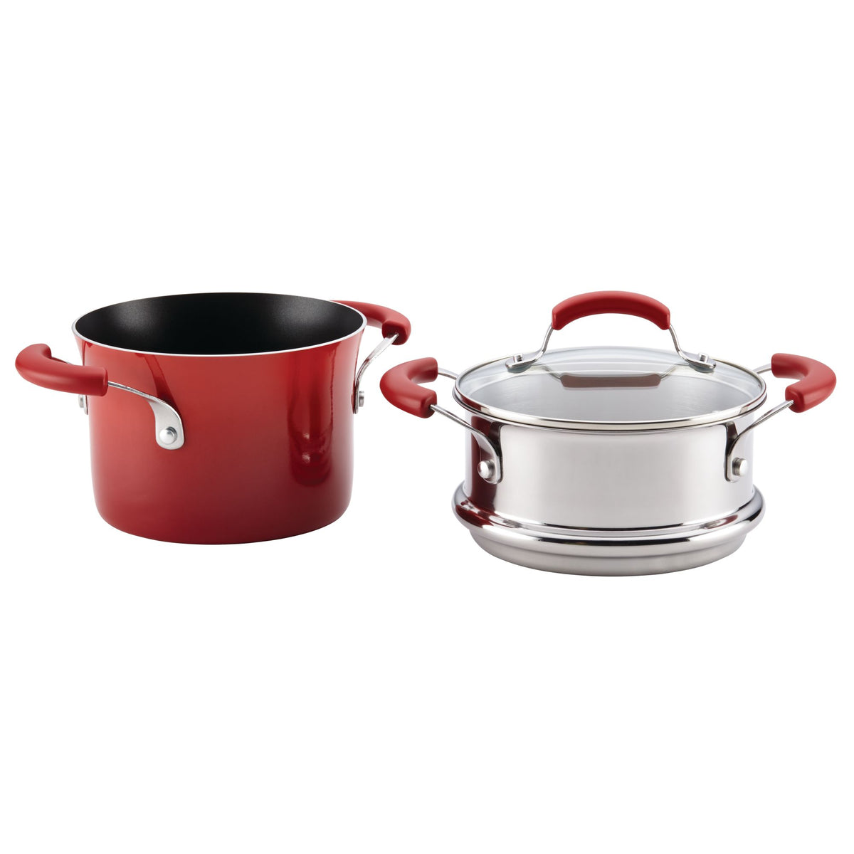 Red saucepot with black nonstick interior beside the covered stainless steel steamer insert