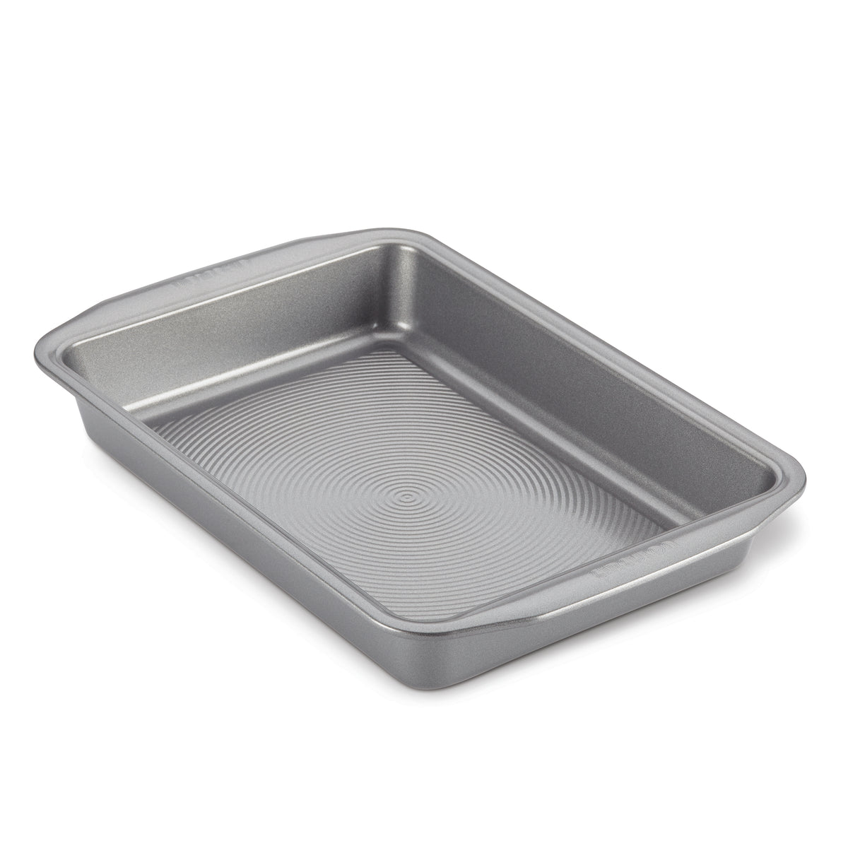 Side view of the gray 9 x 13-inch nonstick rectangular cake pan with concentric circle interior