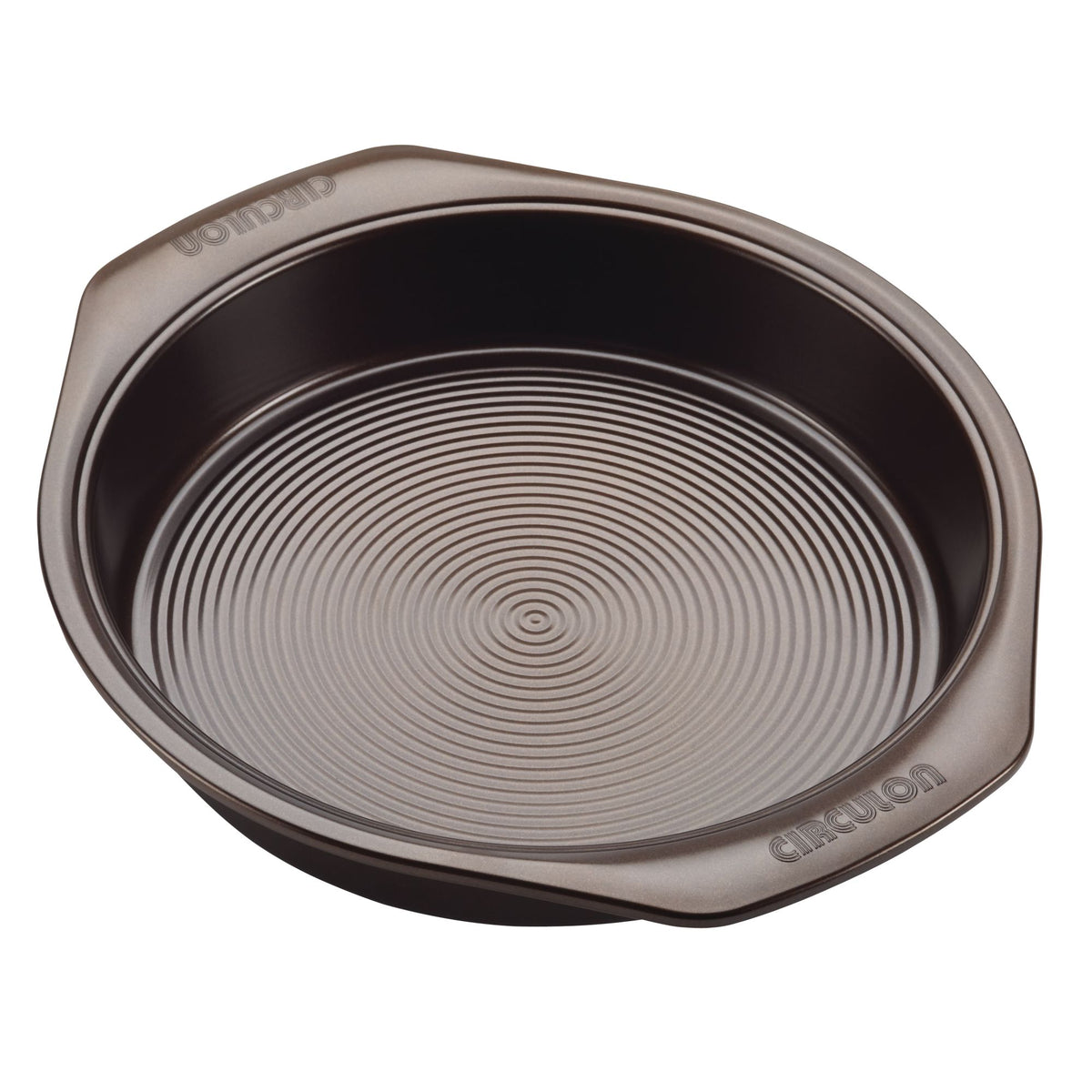 Chocolate round cake pan with concentric circles on the base and Circulon on the handles