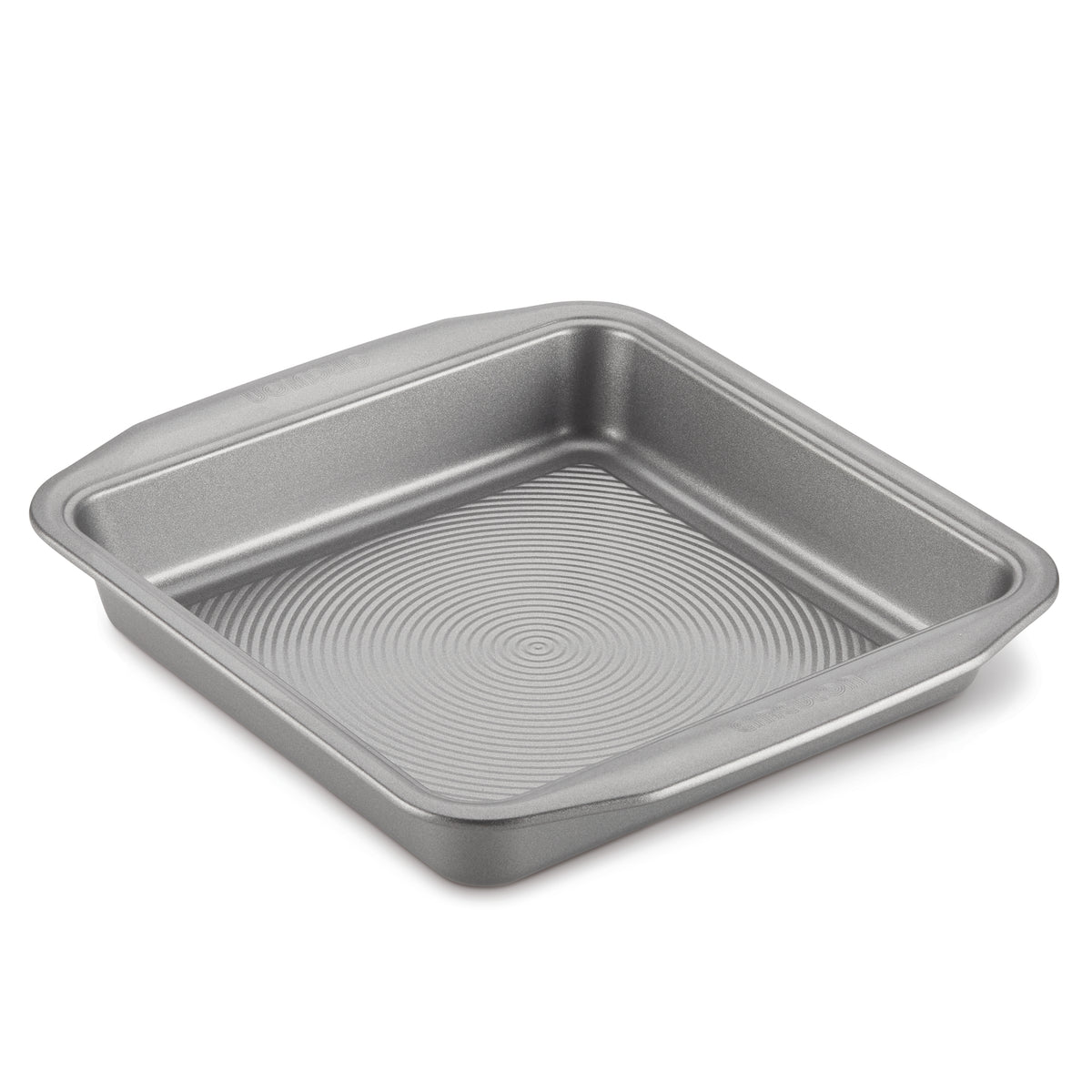 Side view of the gray 9-inch nonstick square cake pan with concentric circle interior
