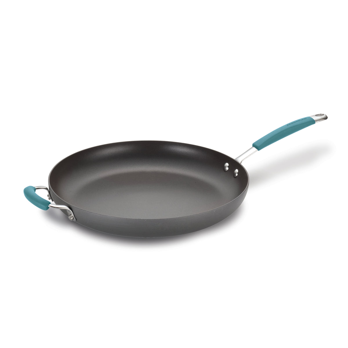 Gray 14-inch frying pan with an agave blue long handle and helper handle