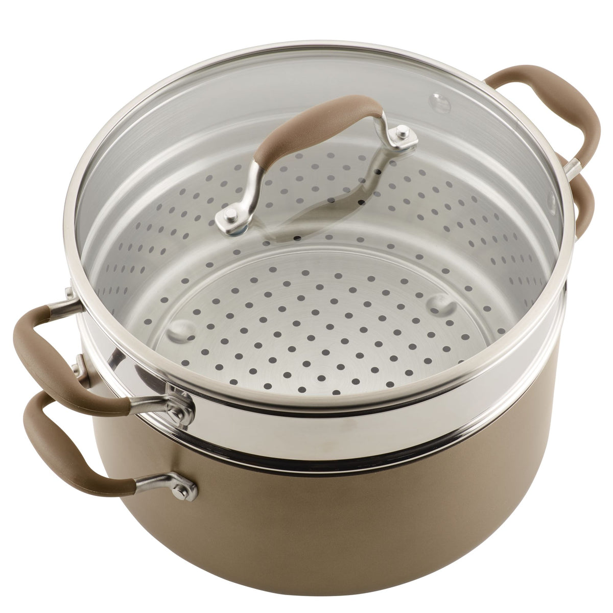 Top angle view of the bronze stockpot with the perforated insert and glass lid in place