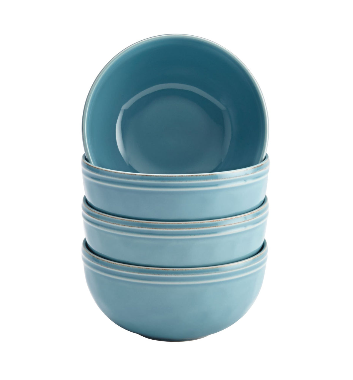 Four stacked agave blue bowls, the top one tilted to show the inside
