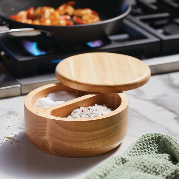 Round Wooden Salt and Spice Box with 2 Compartments