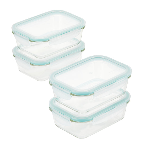 Set of 4 Rectangular Glass Food Storage Containers (12 oz + 20 oz